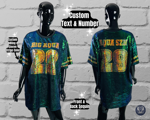 Green Sequin Dress, Custom Sequin Tunic Shirt Dress, Football Bling, Cheer Bling, Birthday Bling, Sports Bling, Custom Name and Number