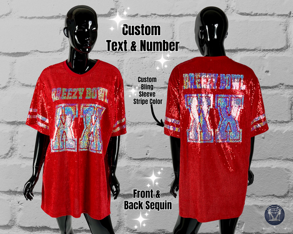 Red Sequin Dress, Custom Sequin Tunic Shirt Dress, Football Bling, Cheer Bling, Birthday Bling, Sports Bling, Custom Name and Number