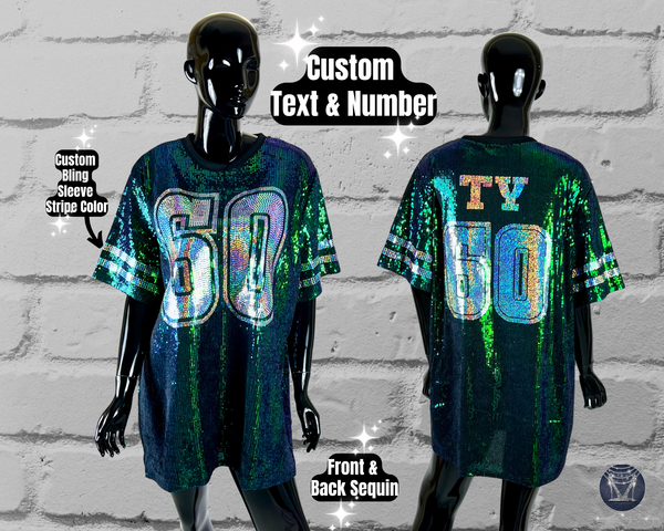 Green Sequin Dress, Custom Sequin Tunic Shirt Dress, Football Bling, Cheer Bling, Birthday Bling, Sports Bling, Custom Name and Number
