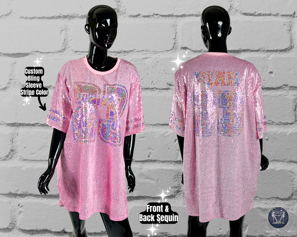 Pink Sequin Dress, Custom Sequin Tunic Shirt Dress, Football Bling, Cheer Bling, Birthday Bling, Sports Bling, Custom Name and Number