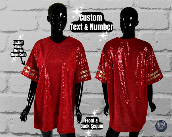 Red Custom Sequin Tunic Shirt Dress, Football Bling, Cheer Bling, Birthday Bling, Sports Bling, Custom Name and Number