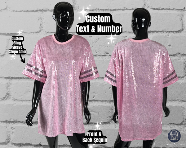 Pink Custom Sequin Tunic Shirt Dress, Football Bling, Cheer Bling, Birthday Bling, Sports Bling, Custom Name and Number