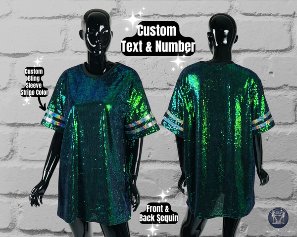Green Custom Sequin Tunic Shirt Dress, Football Bling, Cheer Bling, Birthday Bling, Sports Bling, Custom Name and Number