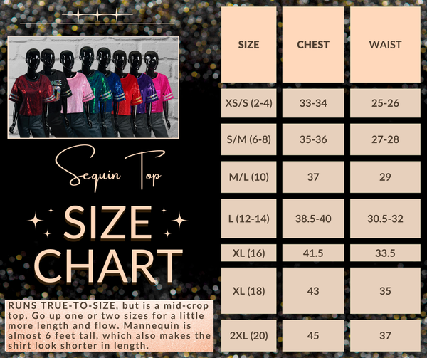 Sequin top size chart with measurements and a mannequin display.