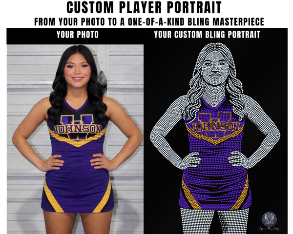Side-by-side comparison of a real cheerleader portrait compared to a bling portrait of the cheerleader.