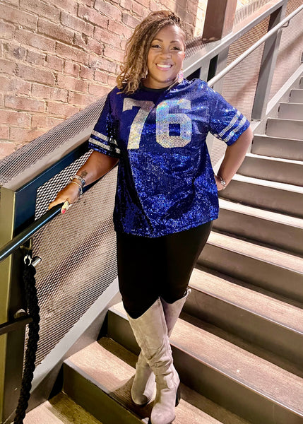 Custom Sequin Side-Slit Top – Your Number + Bling Sleeve Stripes