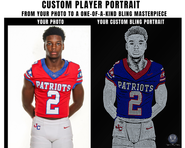 Promotional graphic for custom football player portrait services, showing a real football player on the left and a spangle holographic bling recreation of the same player on the right under the text 'CUSTOM PLAYER PORTRAIT FROM YOUR PHOTO TO A ONE-OF-A-KIND BLING MASTERPIECE'.