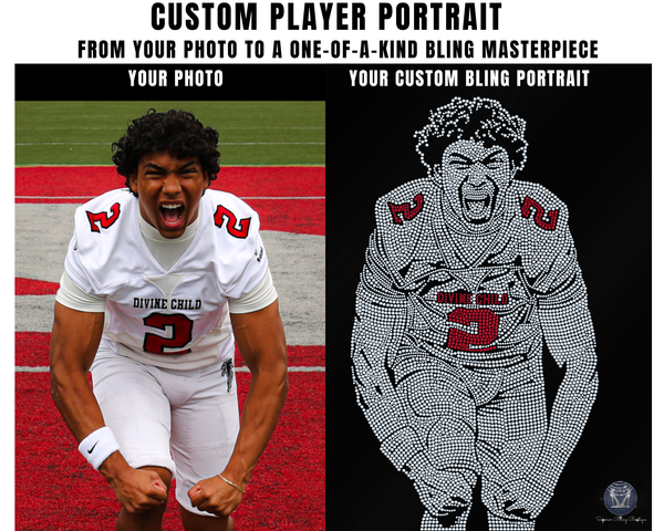 Promotional graphic for a custom player portrait service, showing a man in a white football uniform celebrating on a field labeled 'Your Photo' on the left, and a black-and-white pixelated grid portrait of the same player labeled 'Your Custom Bling Portrait' on the right. Large text at the top reads 'Custom Player Portrait' with supporting copy.