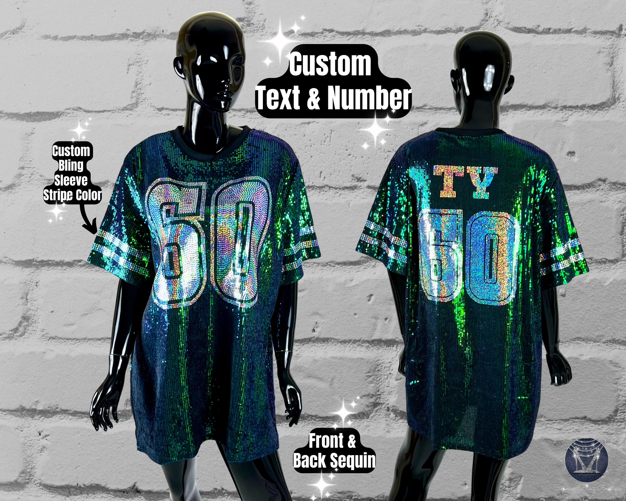 Green Custom Sequin Tunic Shirt Dress, Football Bling, Cheer Bling, Birthday Bling, Sports Bling, Custom Name and Number