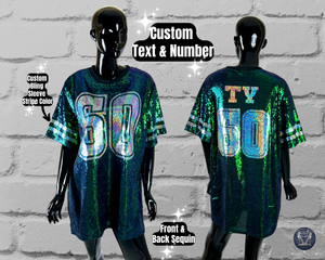 Green Custom Sequin Tunic Shirt Dress, Football Bling, Cheer Bling, Birthday Bling, Sports Bling, Custom Name and Number