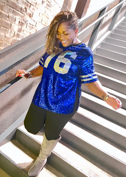 Custom Sequin Side-Slit Top – Your Number + Bling Sleeve Stripes