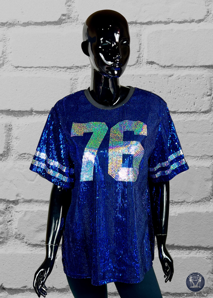 Custom Sequin Side-Slit Top – Your Number + Bling Sleeve Stripes