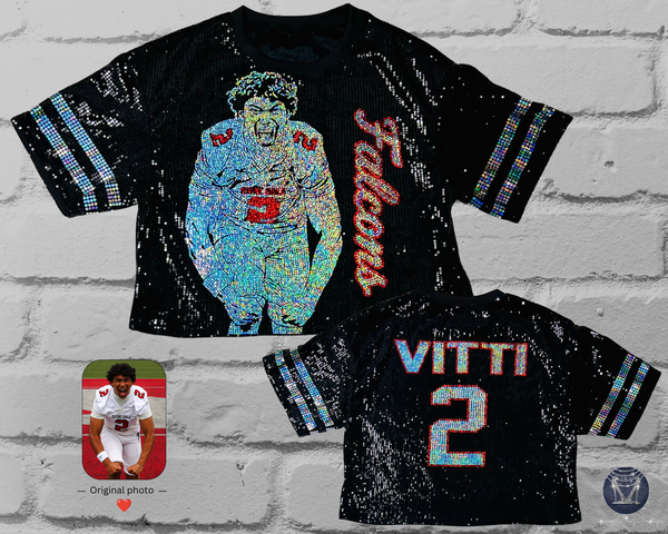 Black sequin jersey with front view of a silver and red holographic bling portrait of a football player with custom text in cursive. Back shirt view with red and silver holographic bling custom text and number. Silver sleeve stripes. All displayed on a white brick wall.
