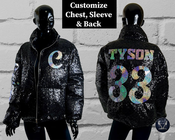 Custom Black Bling Sequin Puffer Jacket