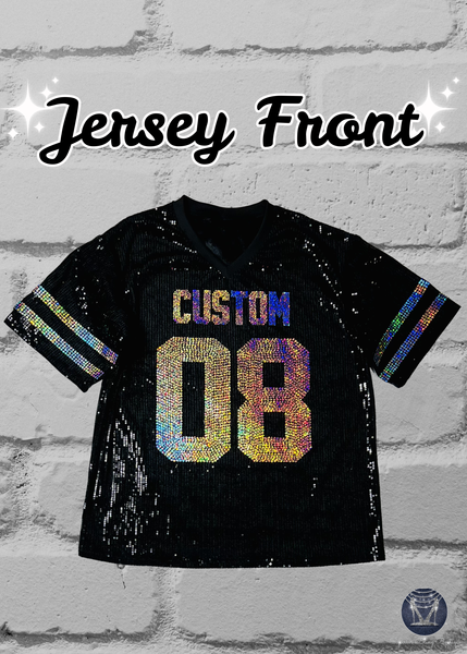Black custom football-style sequin jersey shown from the front view with  custom text and numbers and striped bling silver sleeve accents, displayed on a black mannequin against a white brick wall.