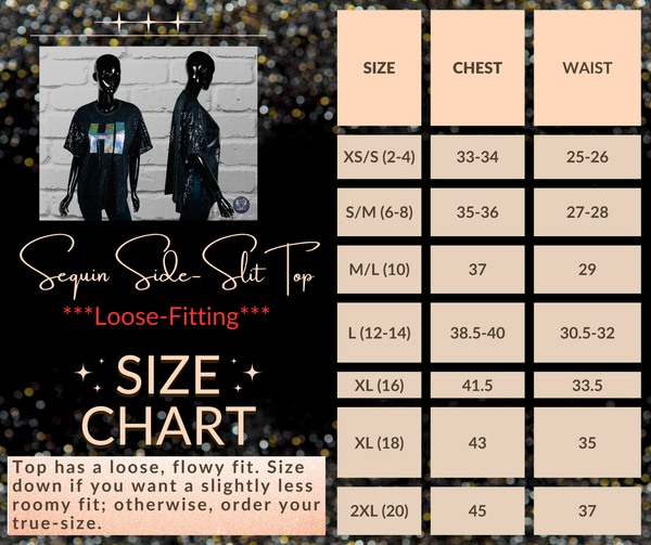 The Sequin Side Slit Top Sizing Chart that shows the different sizes the top comes in along with its measurements.