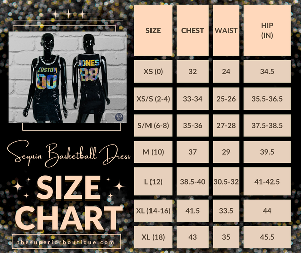 Size chart for a sequin basketball dress with measurements on a glittery background.