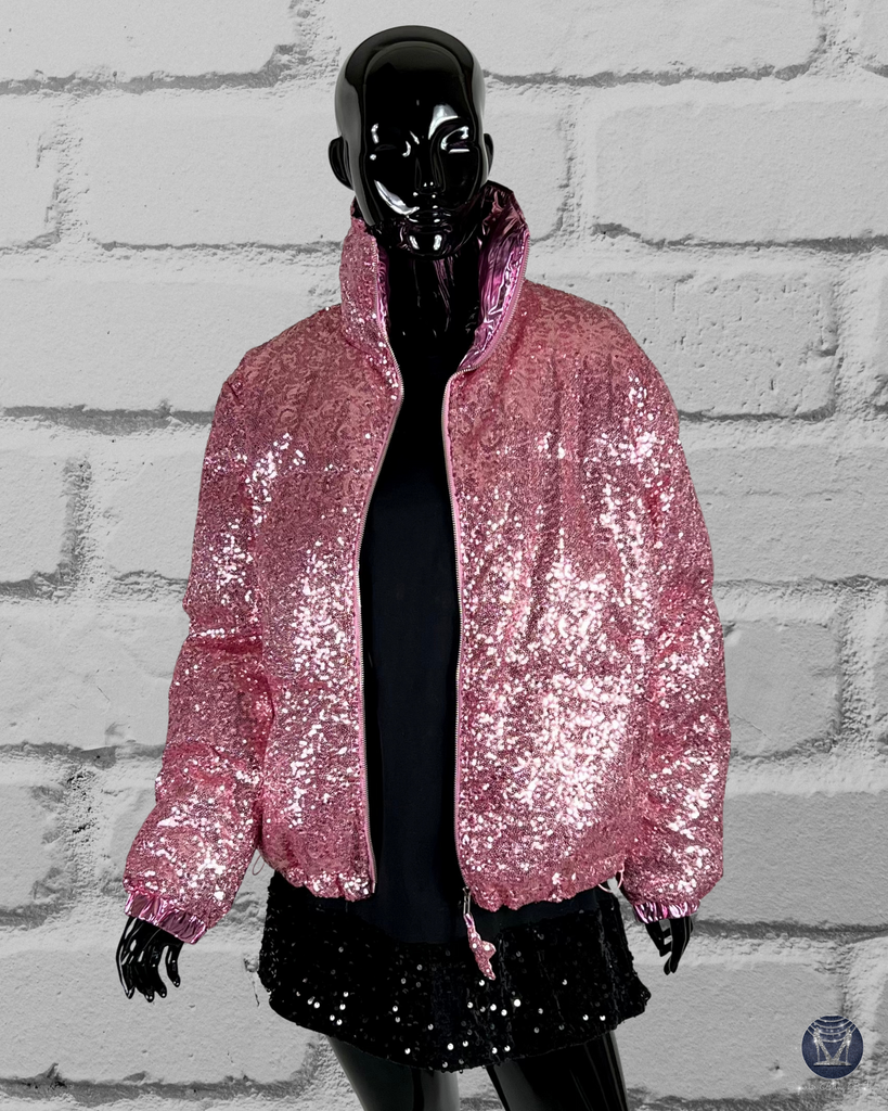 Custom White or Pink Bling Sequin Puffer Jacket – Superior Bling