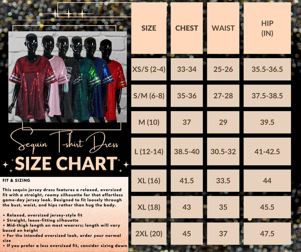 Sequin t-shirt dress size chart with mannequin display and measurements.
