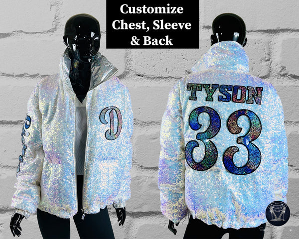 Custom White Bling Sequin Puffer Jacket