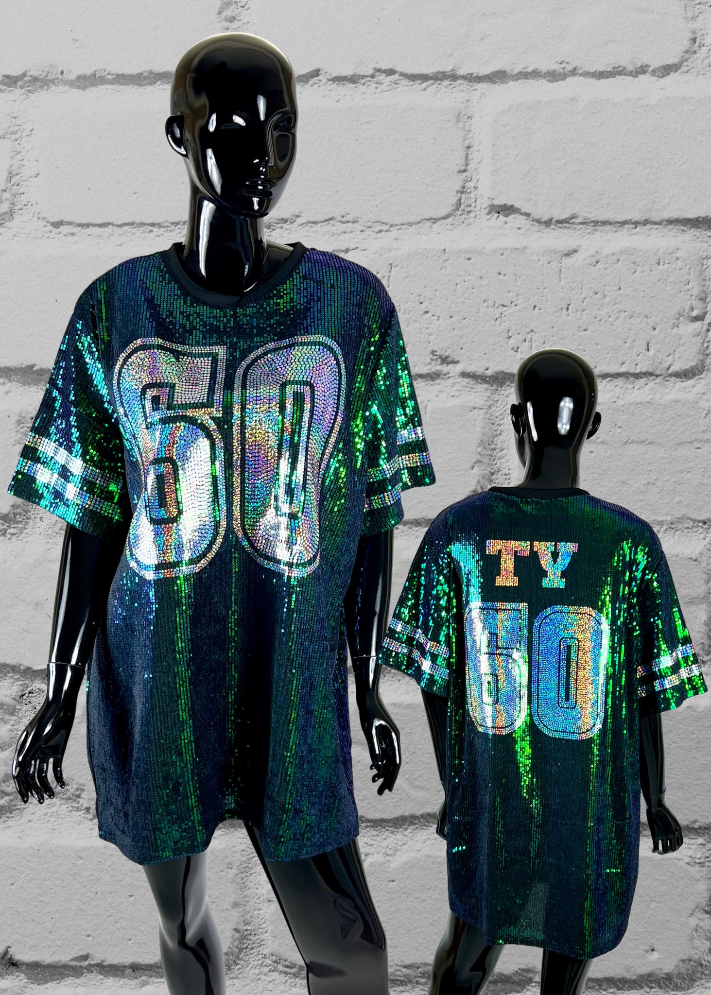 Green Custom Sequin Tunic Shirt Dress, Football Bling, Cheer Bling, Birthday Bling, Sports Bling, Custom Name and Number