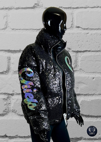 Custom Black Bling Sequin Puffer Jacket