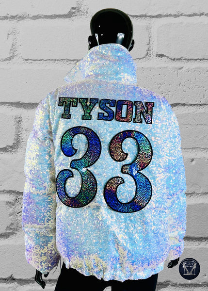 Custom White Bling Sequin Puffer Jacket