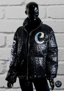 Black sequin puffer jacket online