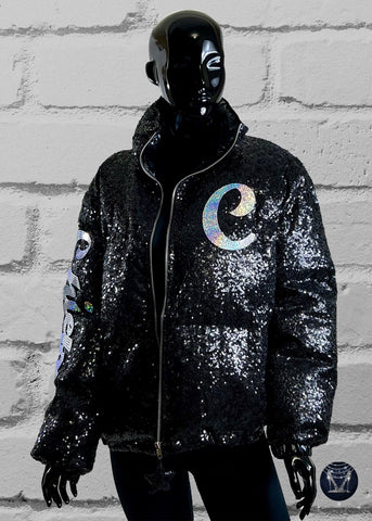 Custom Black Bling Sequin Puffer Jacket