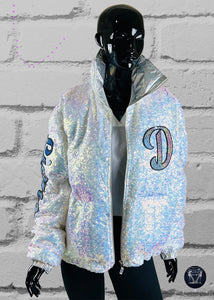 Custom White or Pink Bling Sequin Puffer Jacket