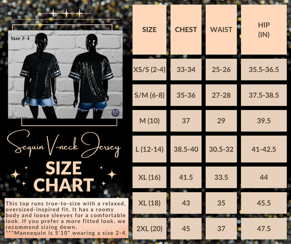 A size chart graphic for a Sequin V-neck Jersey top, featuring a size table with chest, waist, and hip measurements from XS/3-4 to 2XL/20, alongside two mannequin photos wearing black sequined tops on a dark glittery background.