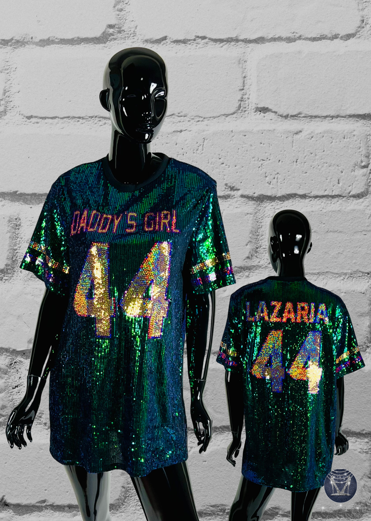 Custom Jersey Bling Sequin Dress - Custom Text & Number Superior Bling Boutique Custom Jersey Bling Sequin Dress - Custom Text & Number Superior Bling Boutique