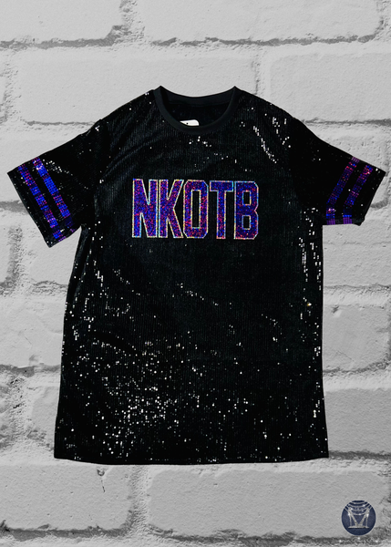 Black Sequin Dress with custom text on the front in purple and silver bling. The sleeve stripes are purple as well.