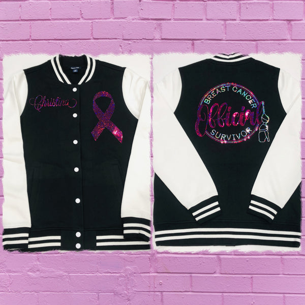 "Official Breast Cancer Survivor"Ladies Fleece Letterman Bling Jacket - Superior Boutique