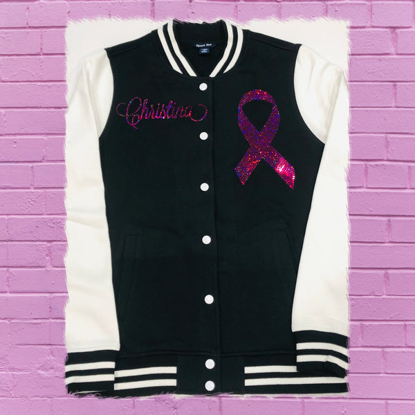 "Official Breast Cancer Survivor"Ladies Fleece Letterman Bling Jacket - Superior Boutique