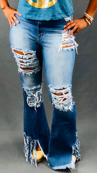 Frayed Out Jeans - Medium Blue