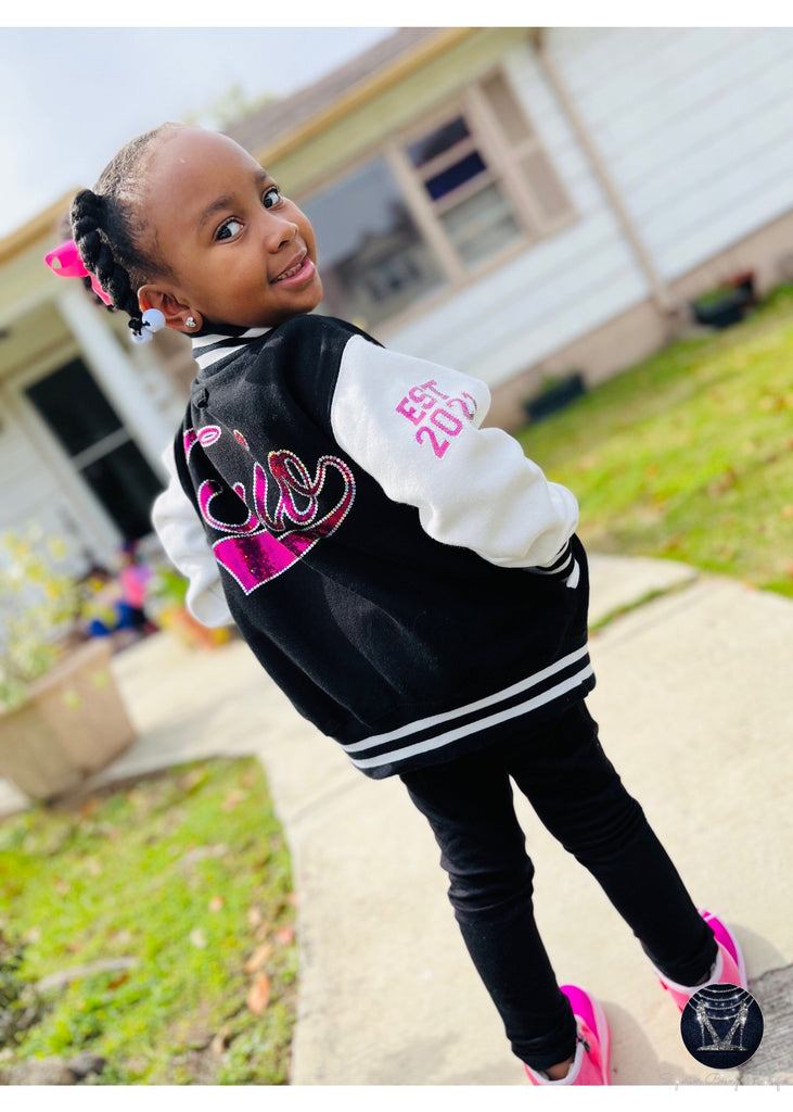 Custom Youth Fleece Letterman Jacket BLACK WHITE Superior Bling Boutique